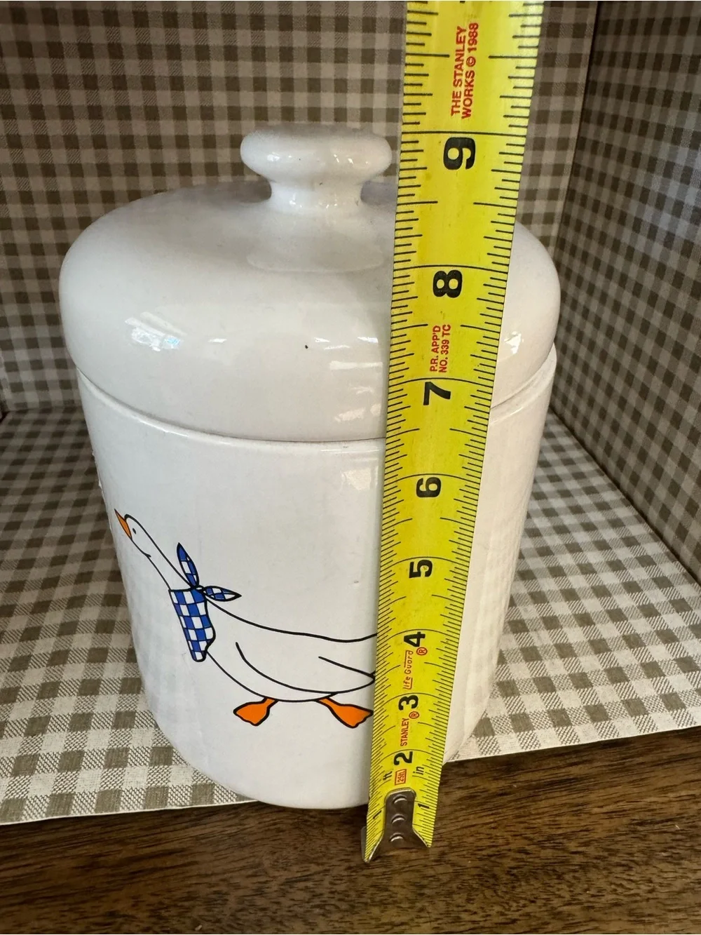 White Ceramic Goose Canister with Blue Gingham Scarf 9’inch cookie jar, storage